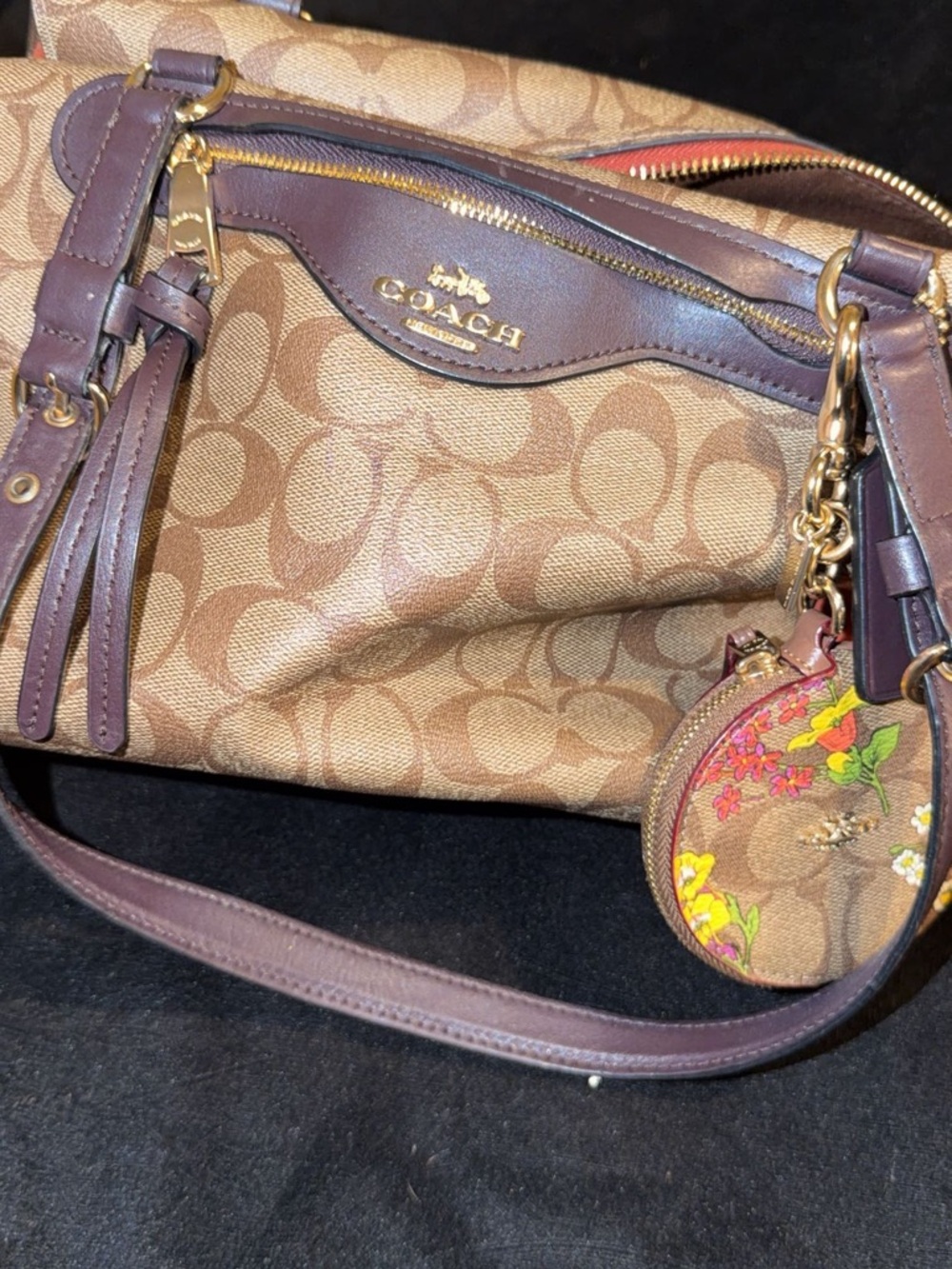 Coach Brown Signature Canvas Shoulder Bag with Floral Charm